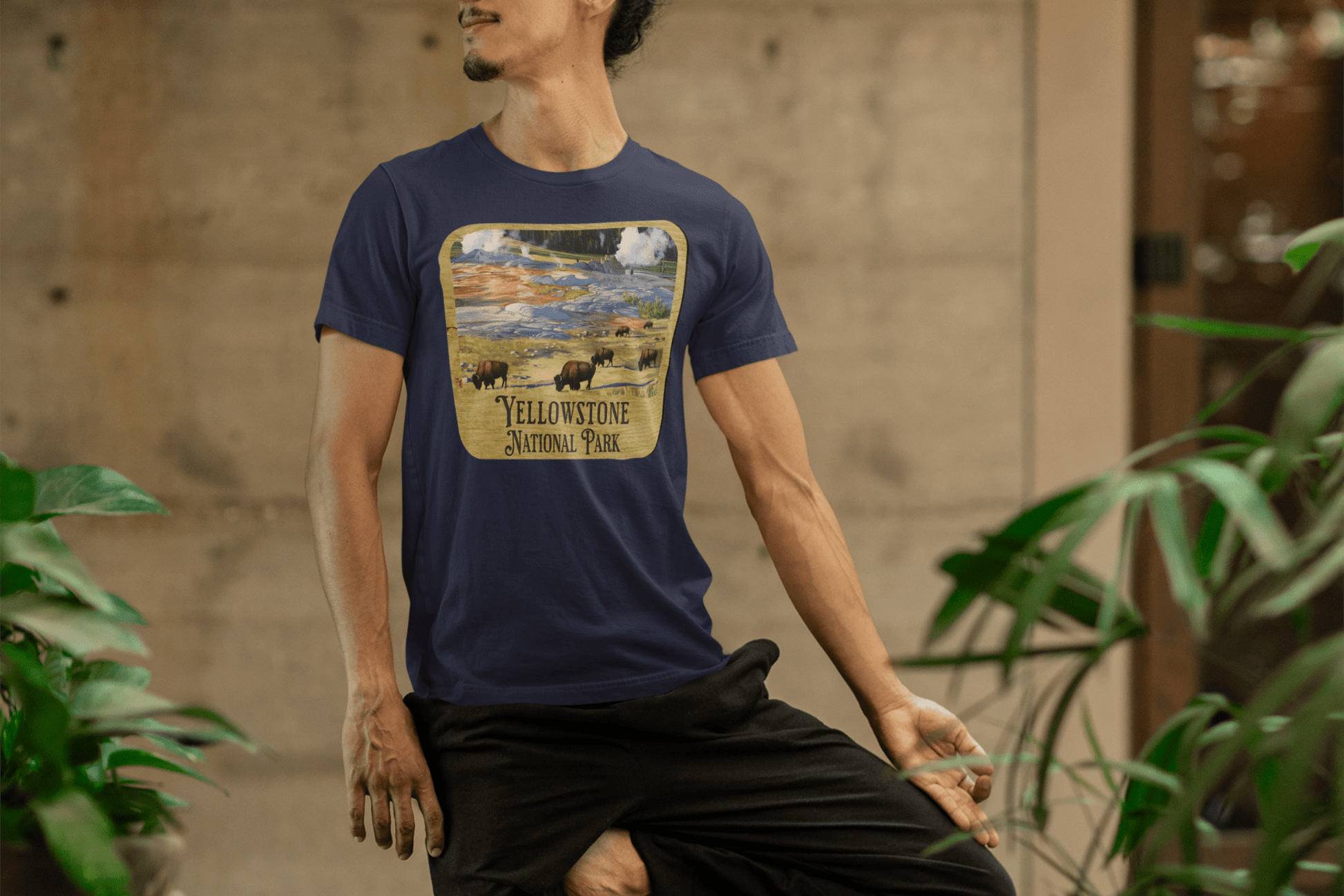 Yellowstone National Park wood sign graphic t-shirt shown in lifestyle or modeled setting