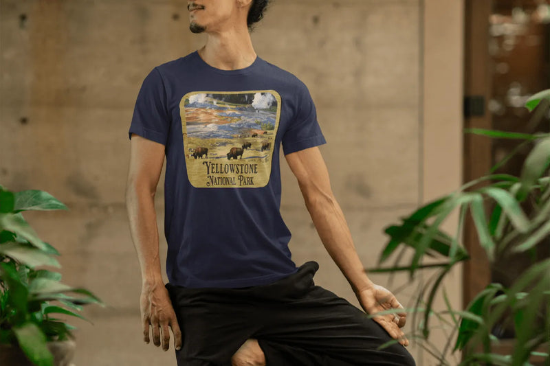 Yellowstone National Park wood sign graphic t-shirt shown in lifestyle or modeled setting