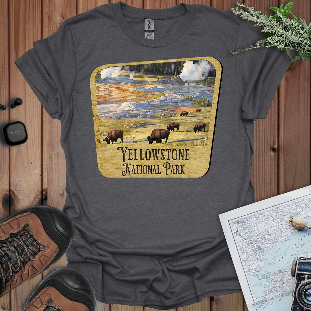 Yellowstone National Park wood sign graphic t-shirt shown from alternate product angle