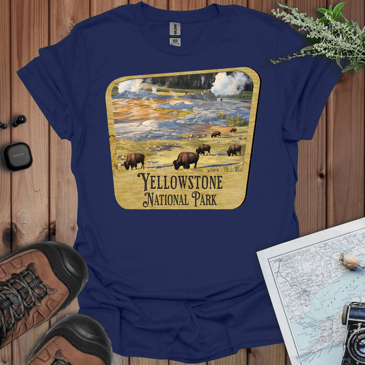 Yellowstone National Park wood sign graphic t-shirt detail or alternate product view