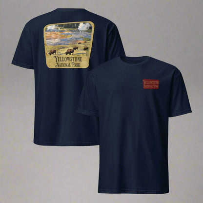 Yellowstone National Park sign embroidered t-shirt shown in lifestyle or modeled setting