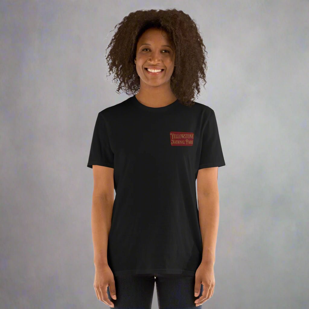 Yellowstone National Park sign embroidered t-shirt shown in lifestyle or modeled setting