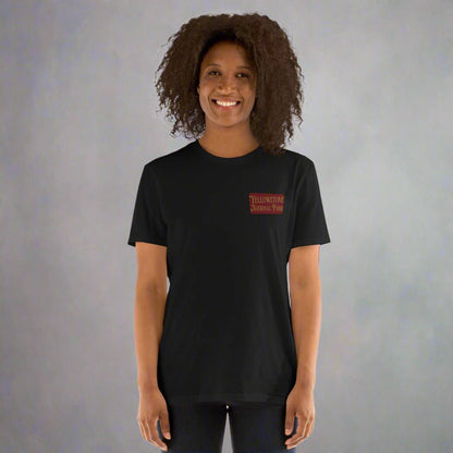 Yellowstone National Park sign embroidered t-shirt shown in lifestyle or modeled setting