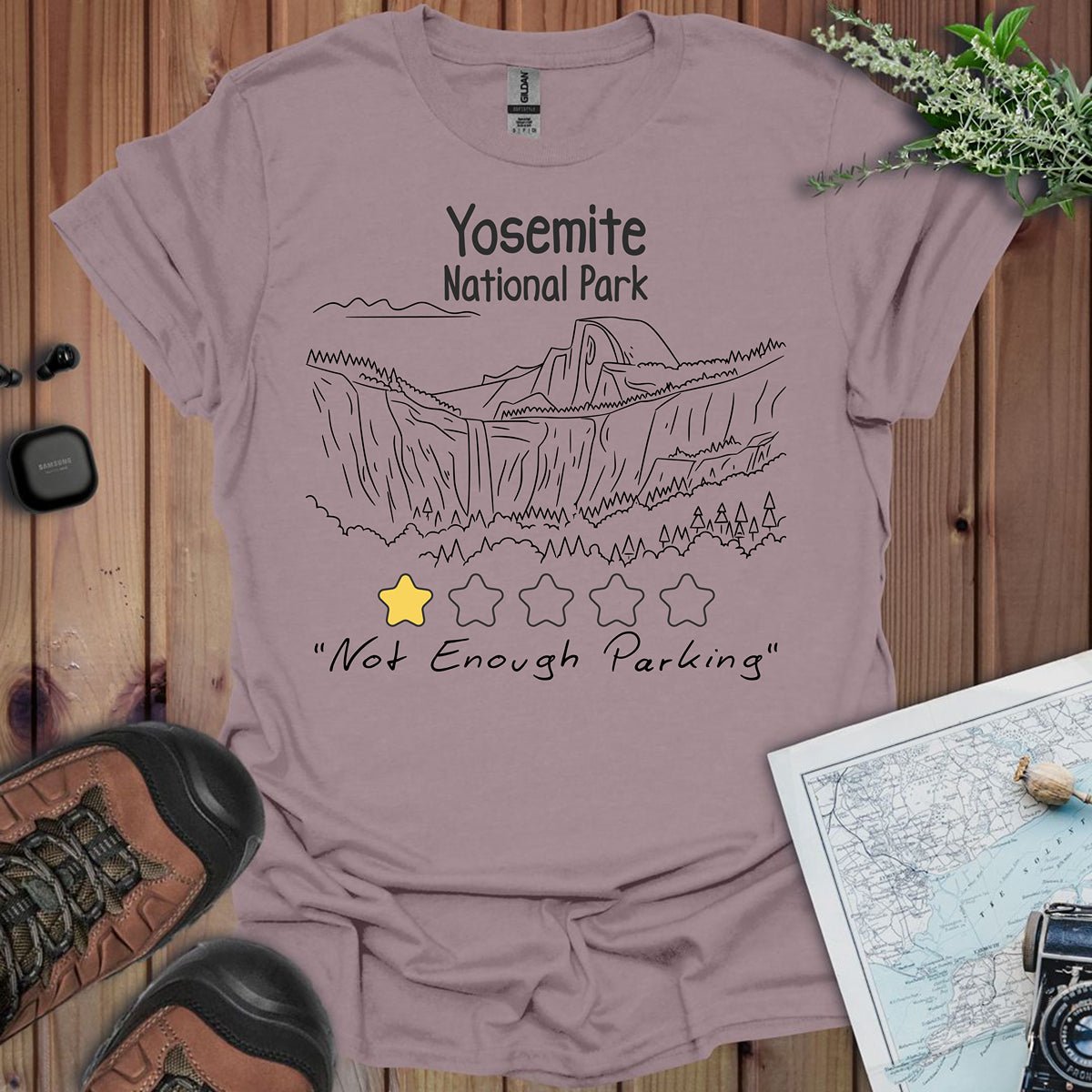 Yosemite 1 Star Review funny National Park graphic t-shirt shown in lifestyle or modeled setting