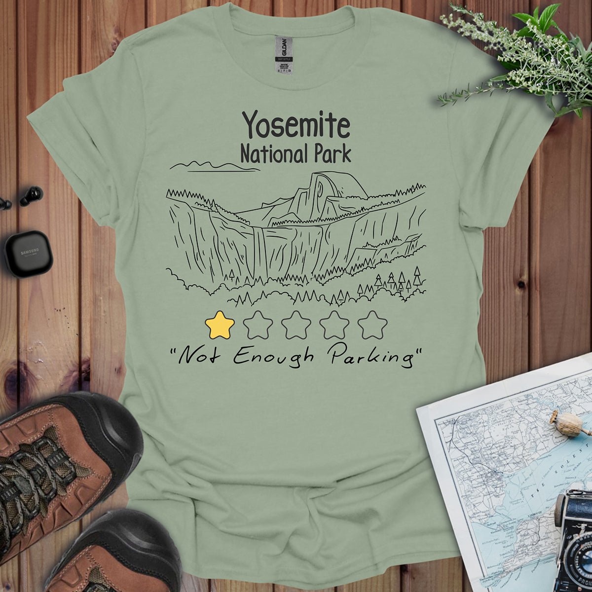 Yosemite 1 Star Review funny National Park graphic t-shirt shown in lifestyle or modeled setting