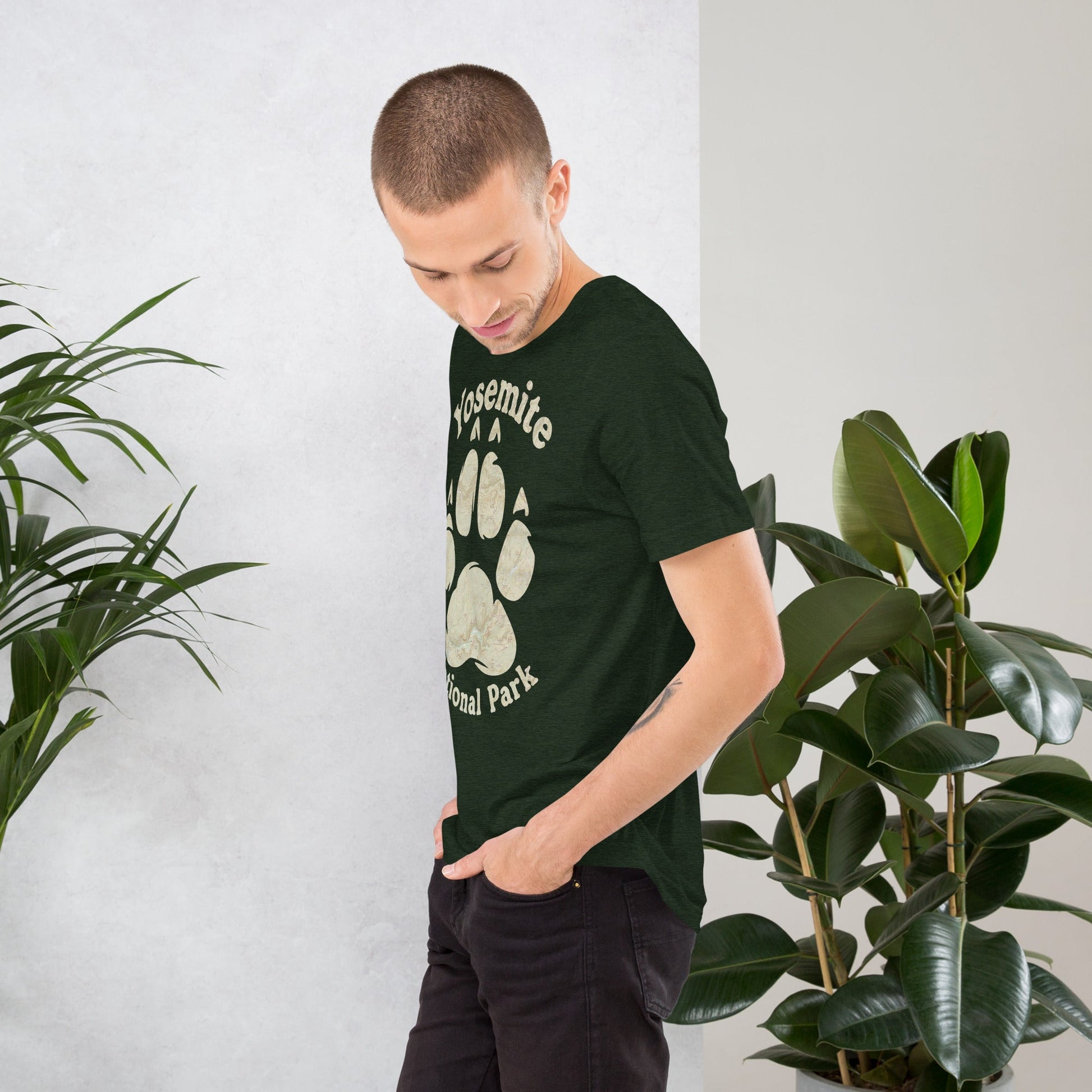 Yosemite Bear Paw national park topo t-shirt shown in lifestyle or modeled setting