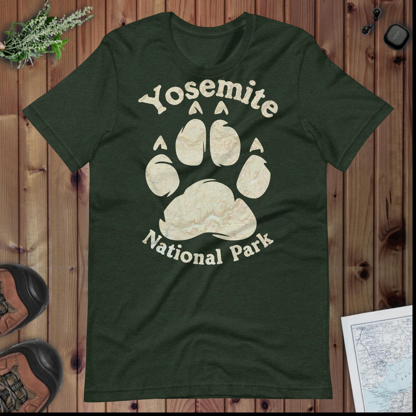 Yosemite Bear Paw national park topo t-shirt shown in lifestyle or modeled setting