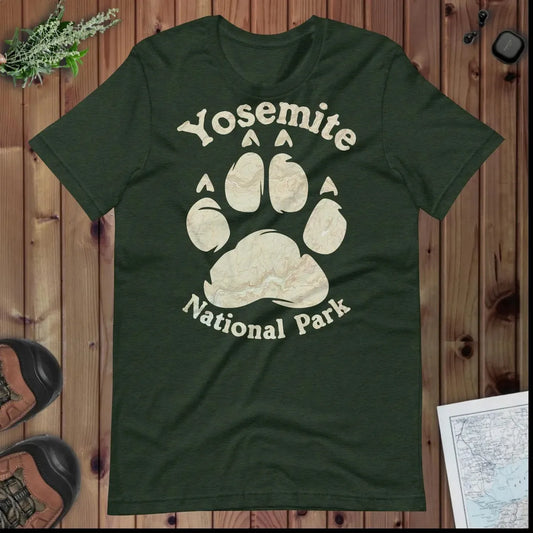 Yosemite Bear Paw national park topo t-shirt shown in lifestyle or modeled setting