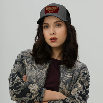 Yosemite embroidered National Park trucker hat shown from alternate product angle