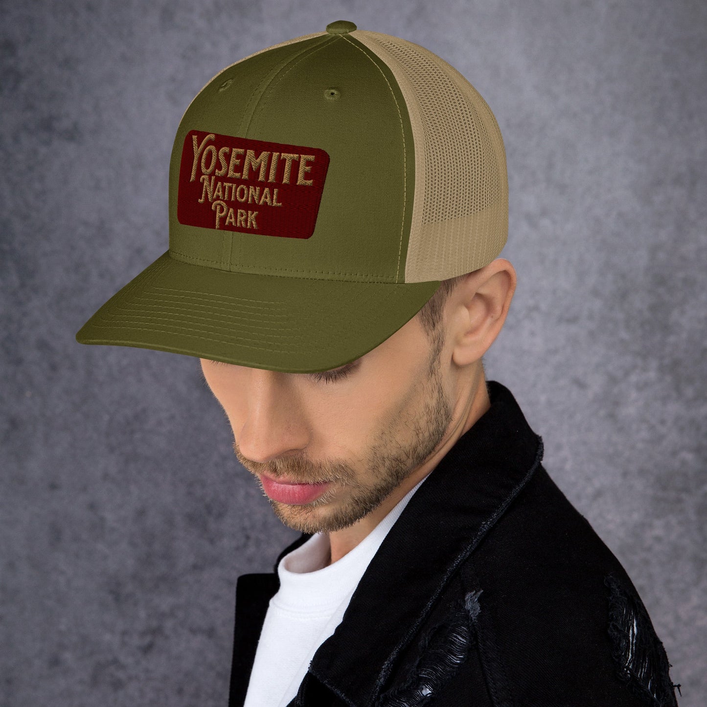 Yosemite embroidered National Park trucker hat shown from alternate product angle