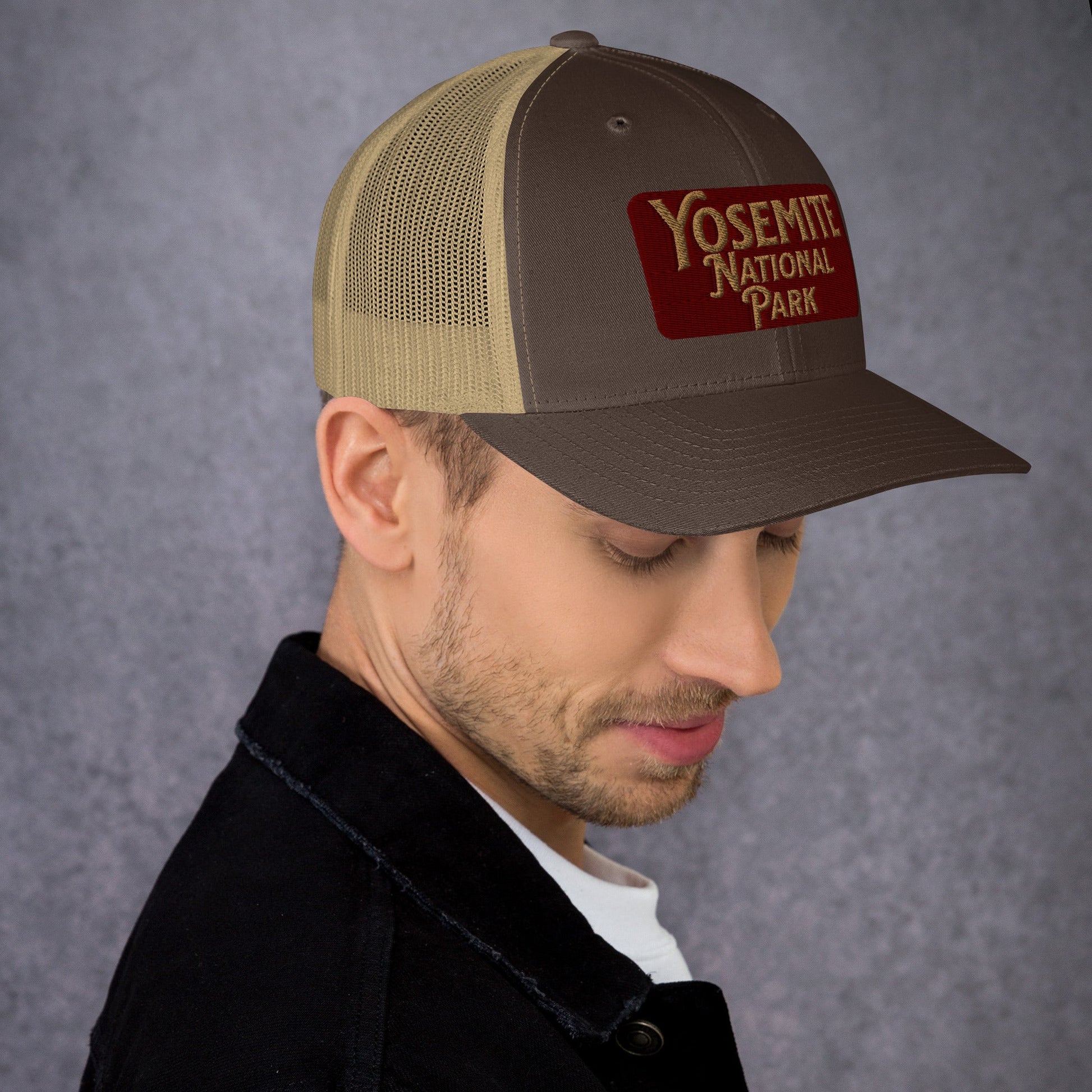 Yosemite embroidered National Park trucker hat shown in lifestyle or modeled setting