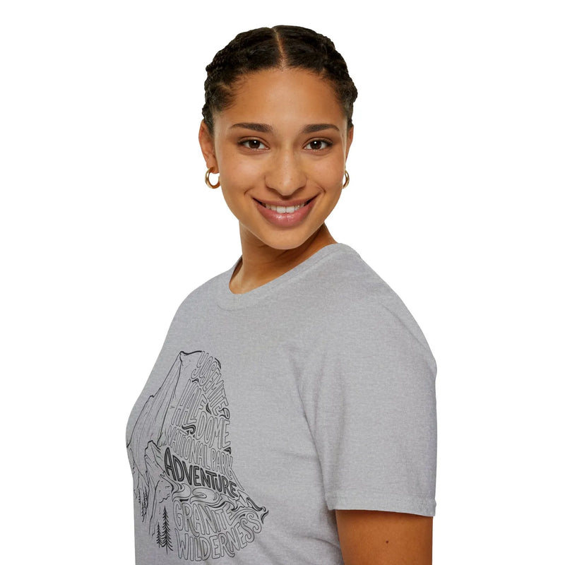 Yosemite Half Dome lines graphic t-shirt shown in lifestyle or modeled setting