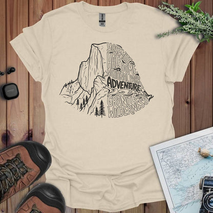 Yosemite Half Dome lines graphic t-shirt shown in lifestyle or modeled setting
