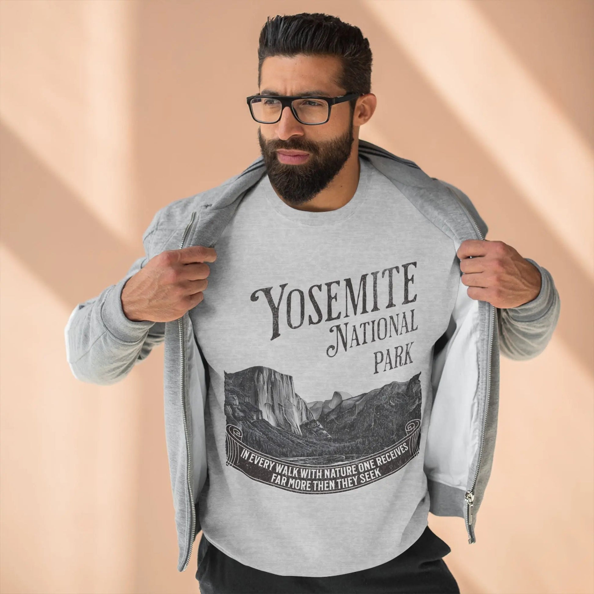 Yosemite National Park John Muir quote crewneck sweatshirt shown in lifestyle or modeled setting