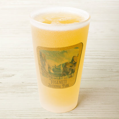 Yosemite National Park scenic valley wood sign frosted pint glass shown from alternate product angle