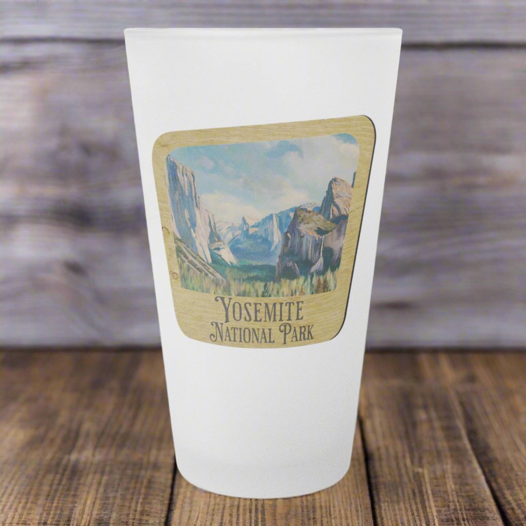 Yosemite National Park scenic valley wood sign frosted pint glass shown as primary product image