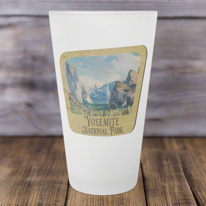 Yosemite National Park scenic valley wood sign frosted pint glass shown as primary product image