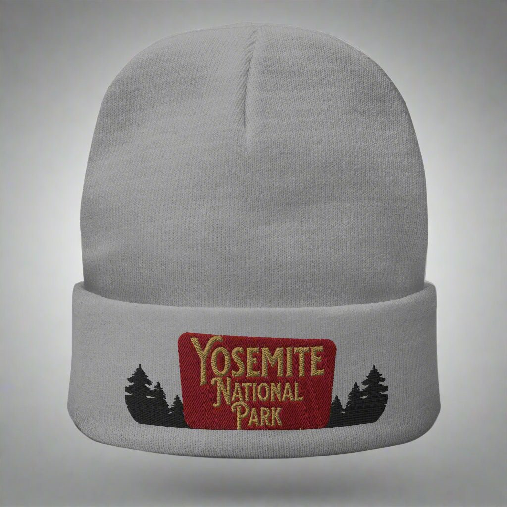 Yosemite National Park sign embroidered beanie shown in lifestyle or modeled setting
