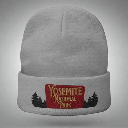 Yosemite National Park sign embroidered beanie shown in lifestyle or modeled setting