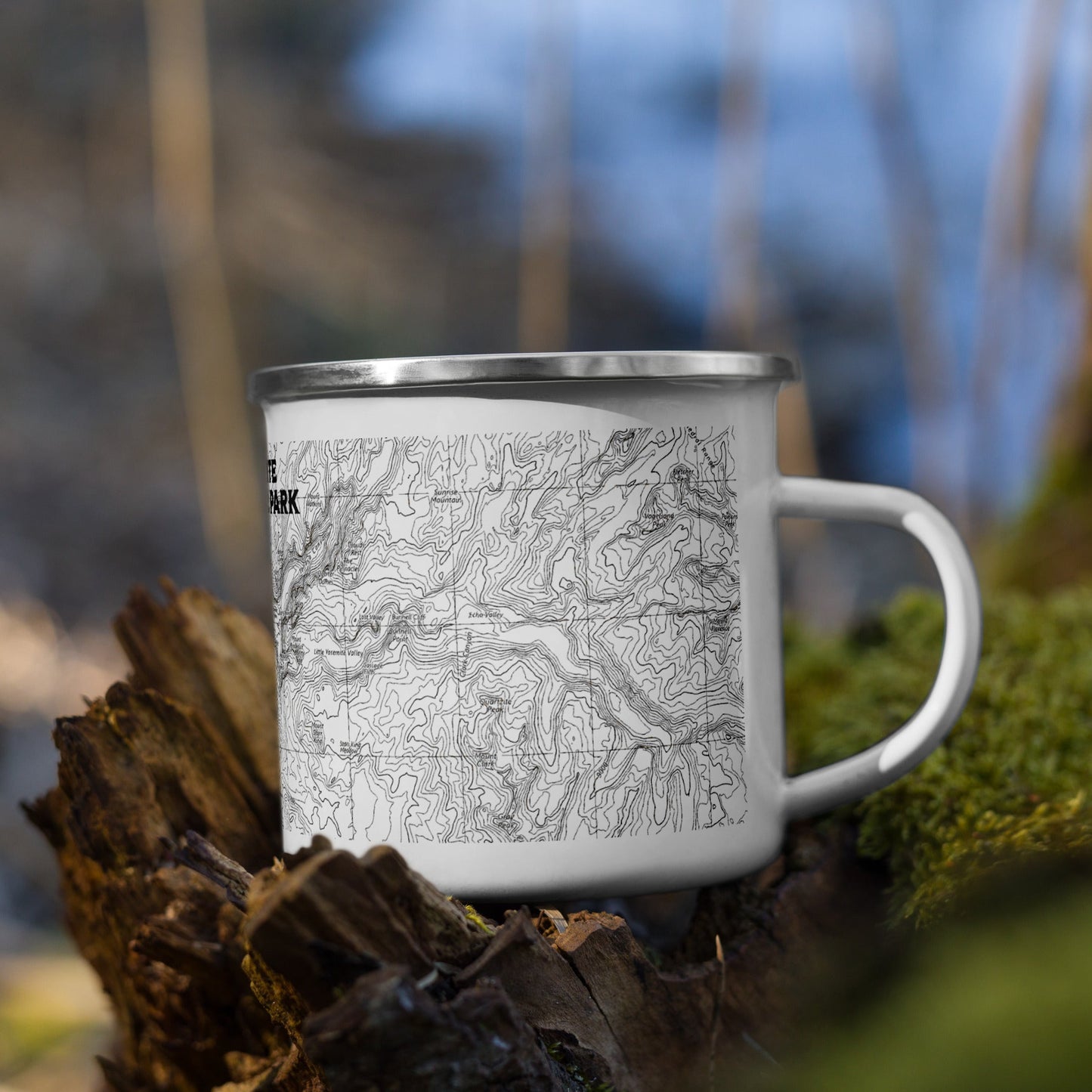 Yosemite National Park topographic durable enamel camp mug shown from alternate product angle