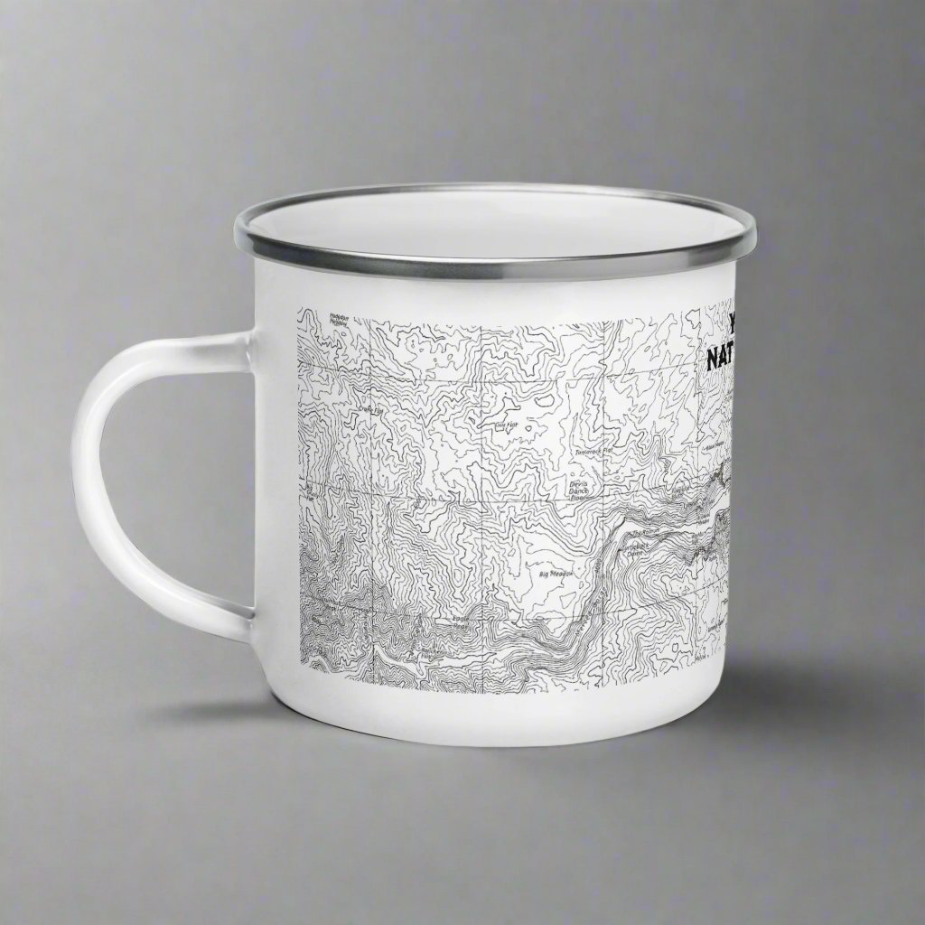 Yosemite National Park topographic durable enamel camp mug shown from alternate product angle