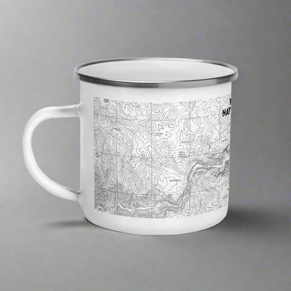 Yosemite National Park topographic durable enamel camp mug shown from alternate product angle