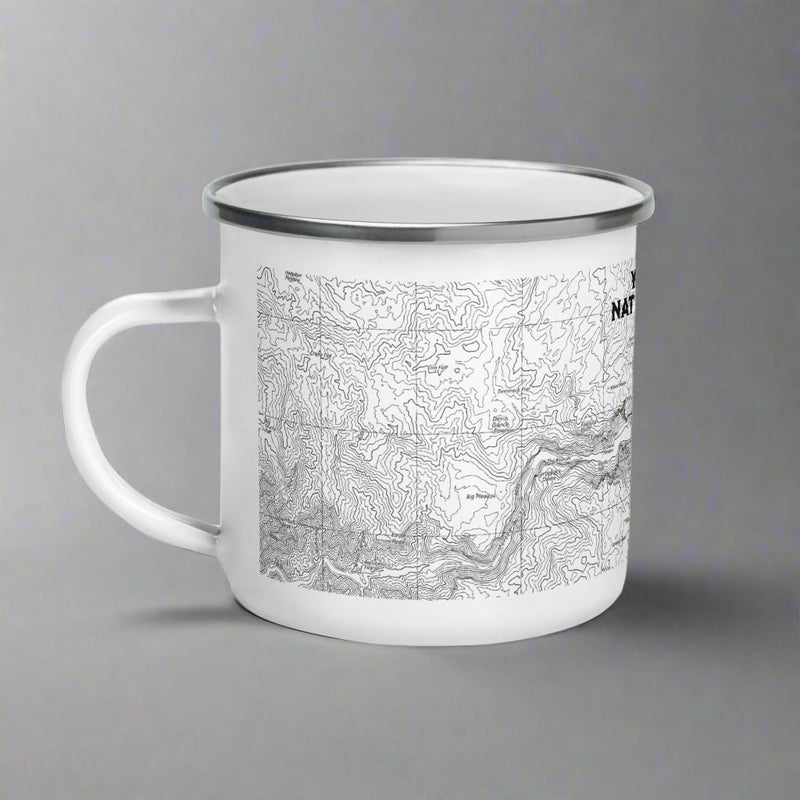 Yosemite National Park topographic durable enamel camp mug shown from alternate product angle