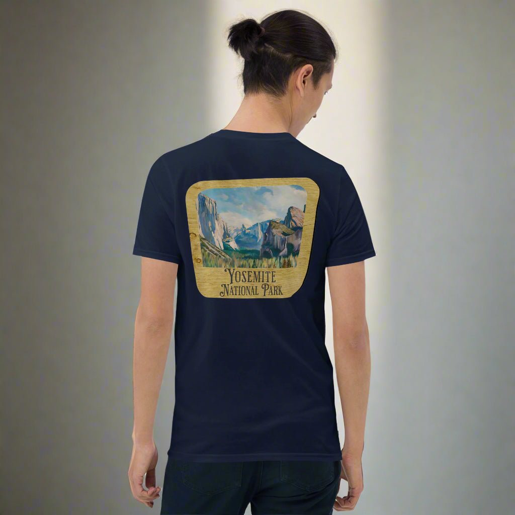 Yosemite National Park sign embroidered unisex t-shirt shown in lifestyle or modeled setting