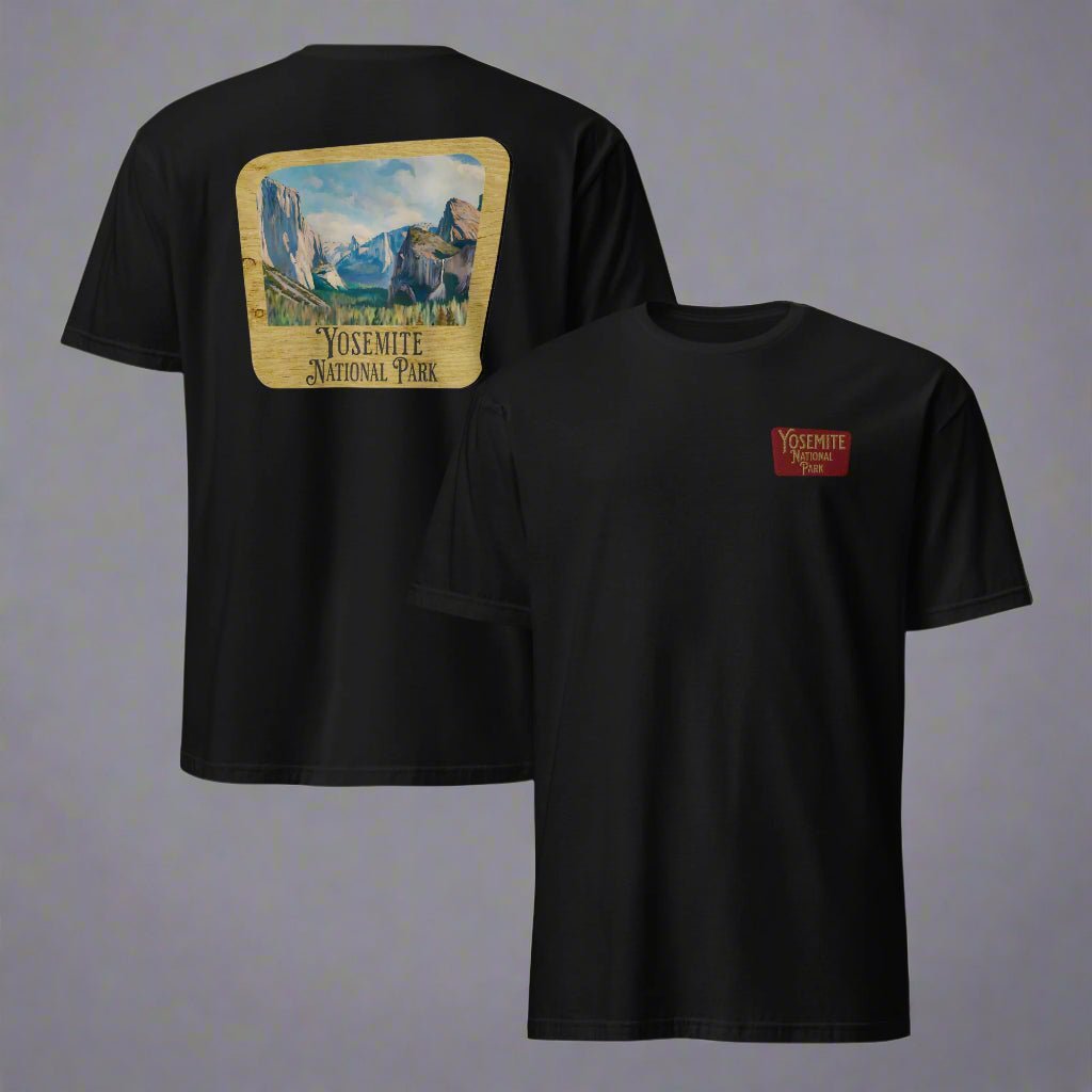 Yosemite National Park sign embroidered unisex t-shirt shown in lifestyle or modeled setting