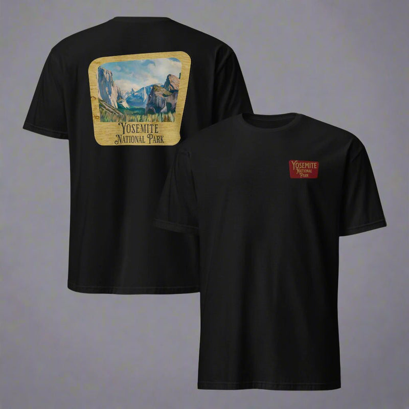 Yosemite National Park sign embroidered unisex t-shirt shown in lifestyle or modeled setting