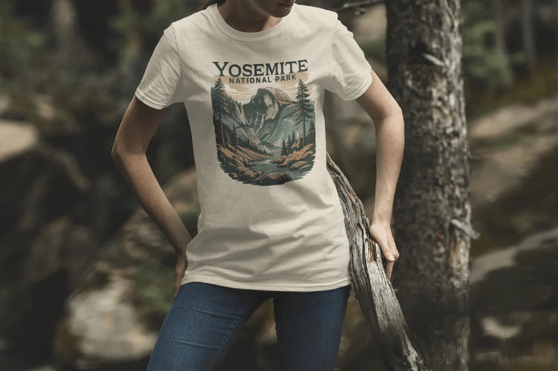 Yosemite Valley Half Dome graphic t-shirt shown in lifestyle or modeled setting