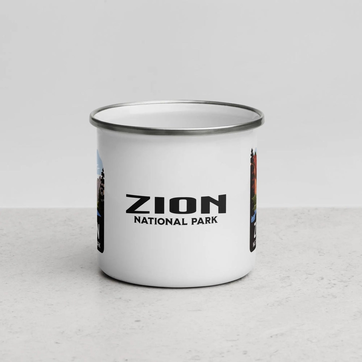 Zion National Park durable enamel camp mug shown from alternate product angle