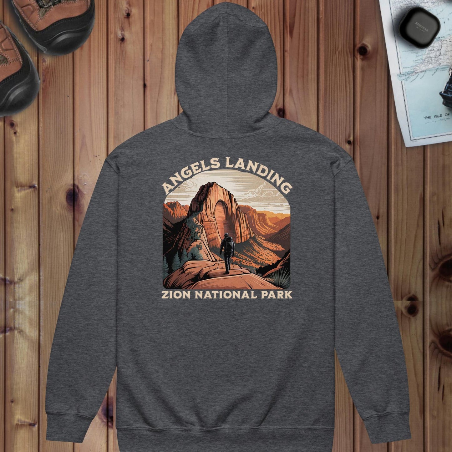Zion National Park full zip hoodie with Angels Landing back design shown in lifestyle or modeled setting