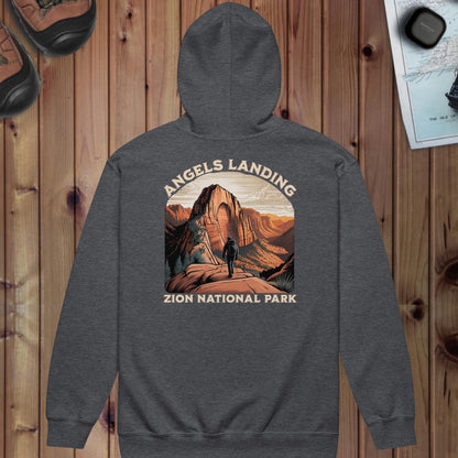 Zion National Park full zip hoodie with Angels Landing back design shown in lifestyle or modeled setting