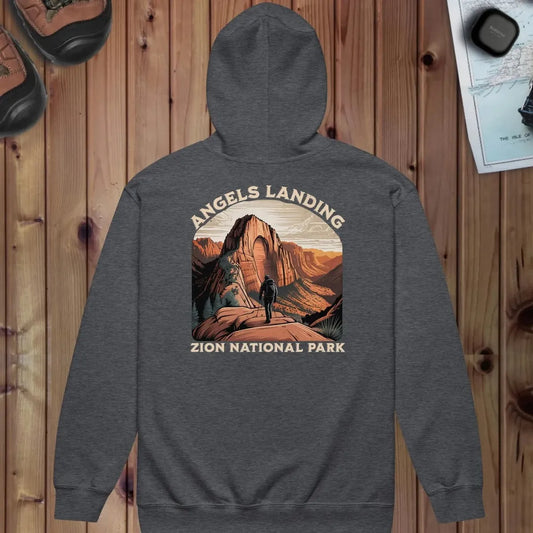 Zion National Park full zip hoodie with Angels Landing back design shown in lifestyle or modeled setting