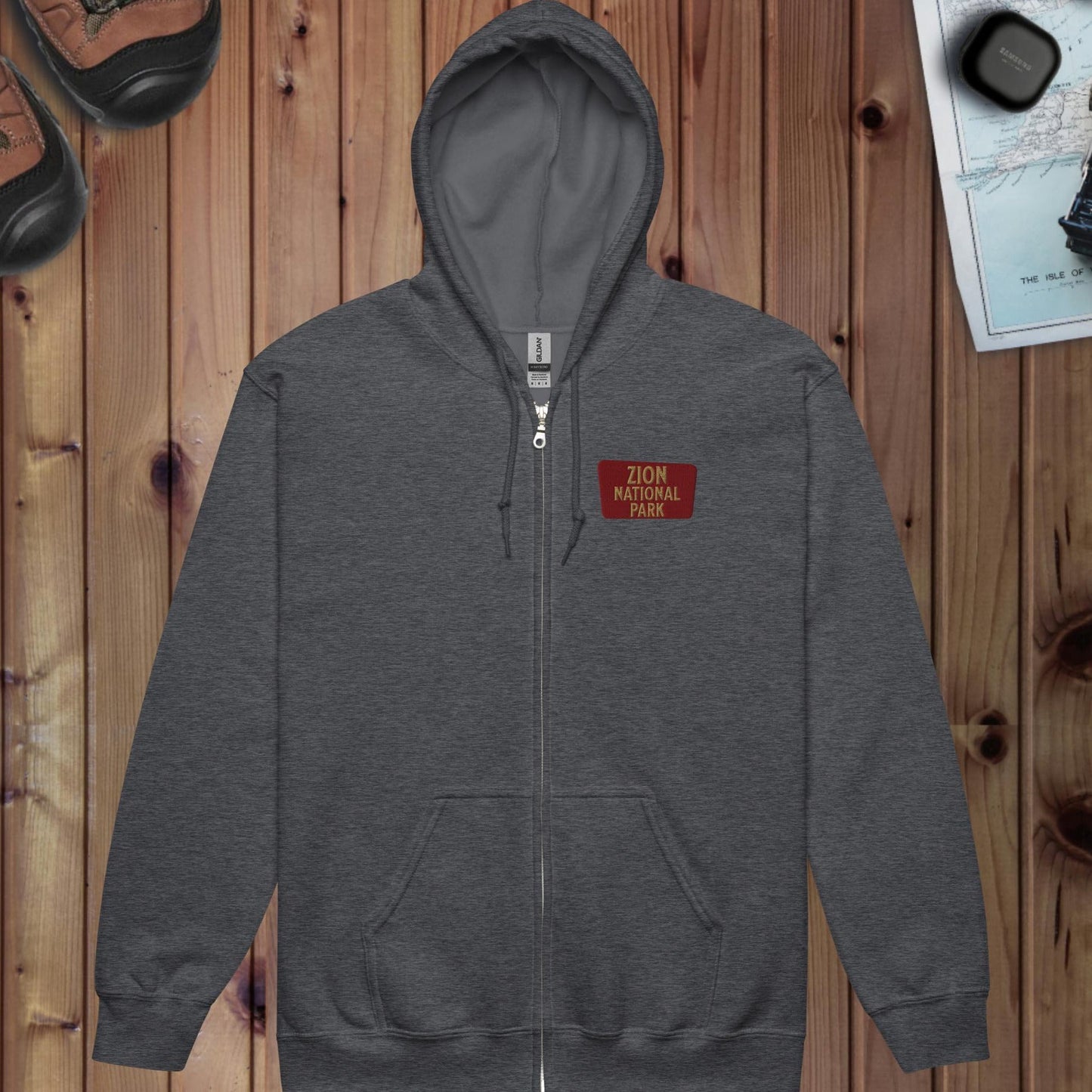 Zion National Park full zip hoodie with Angels Landing back design primary product view