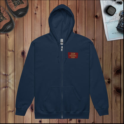 Zion National Park full zip hoodie with Angels Landing back design shown in lifestyle or modeled setting