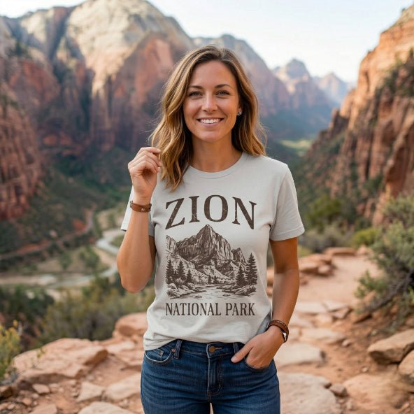 Zion National Park rustic graphic t-shirt shown in lifestyle or modeled setting