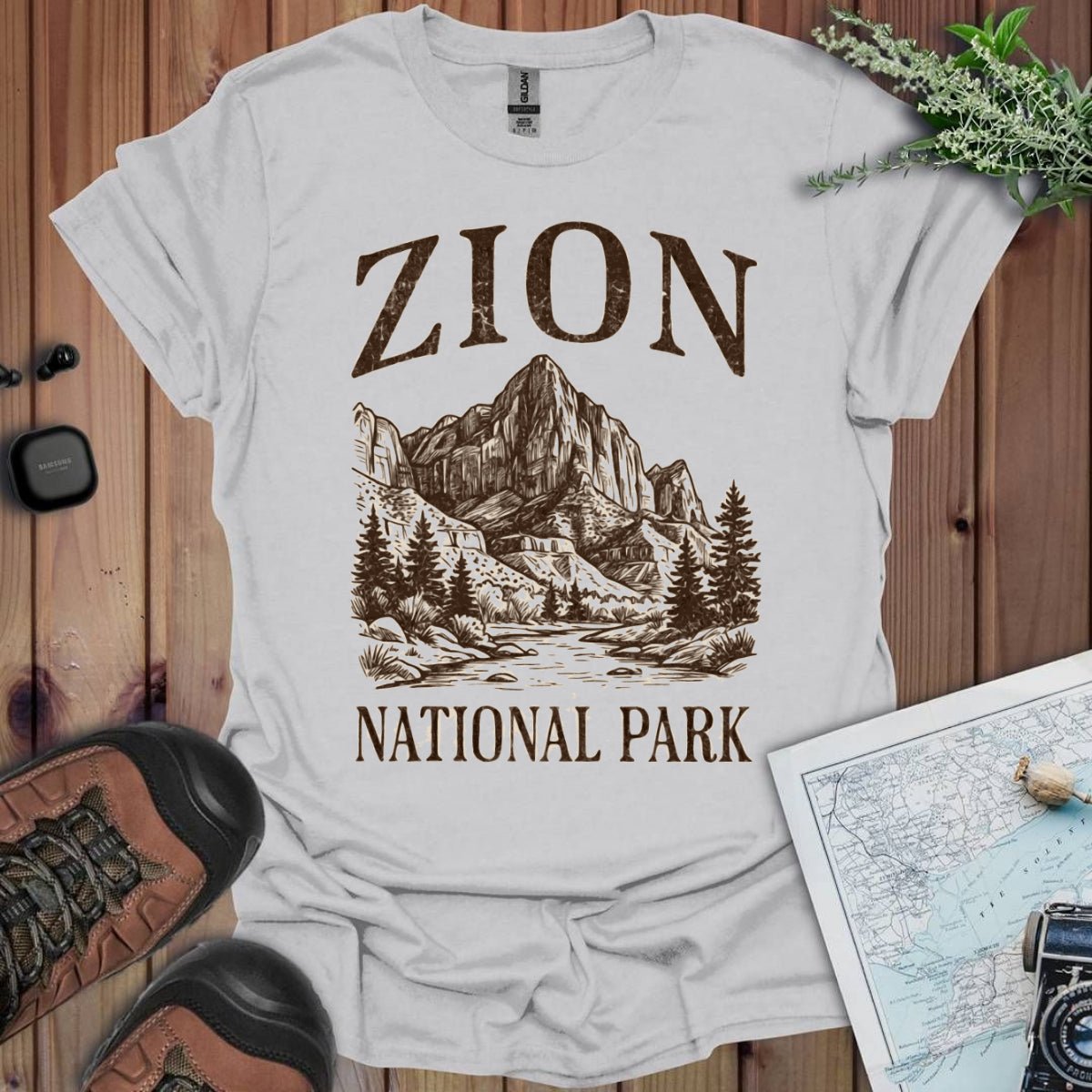 Zion National Park rustic graphic t-shirt shown in lifestyle or modeled setting