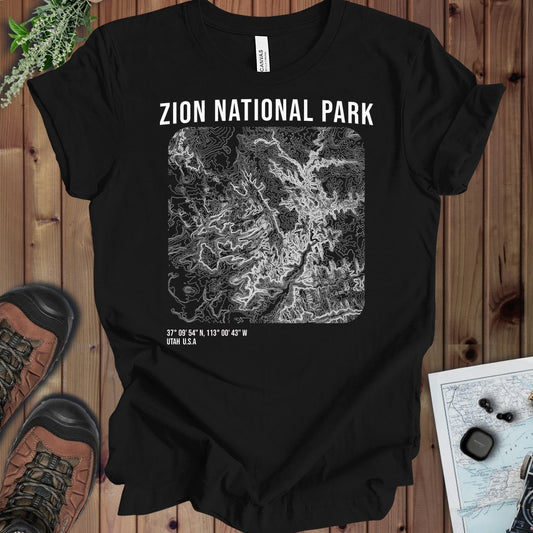 Zion National Park Topo Lines Kids Graphic T-Shirt in Black