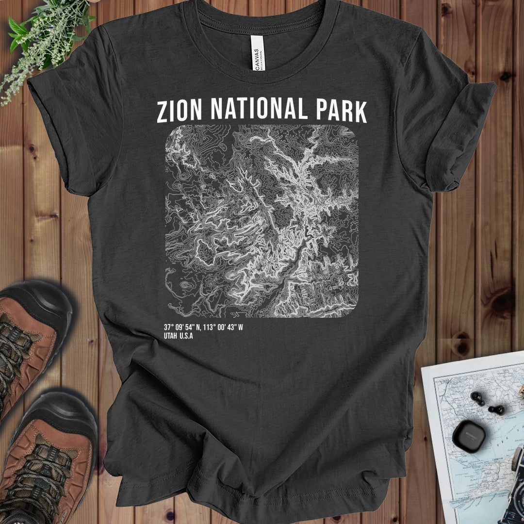Zion National Park Topo Lines Kids Graphic T-Shirt in Dark Grey Heather