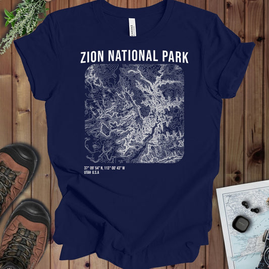 Zion National Park Topo Lines Kids Graphic T-Shirt in Navy